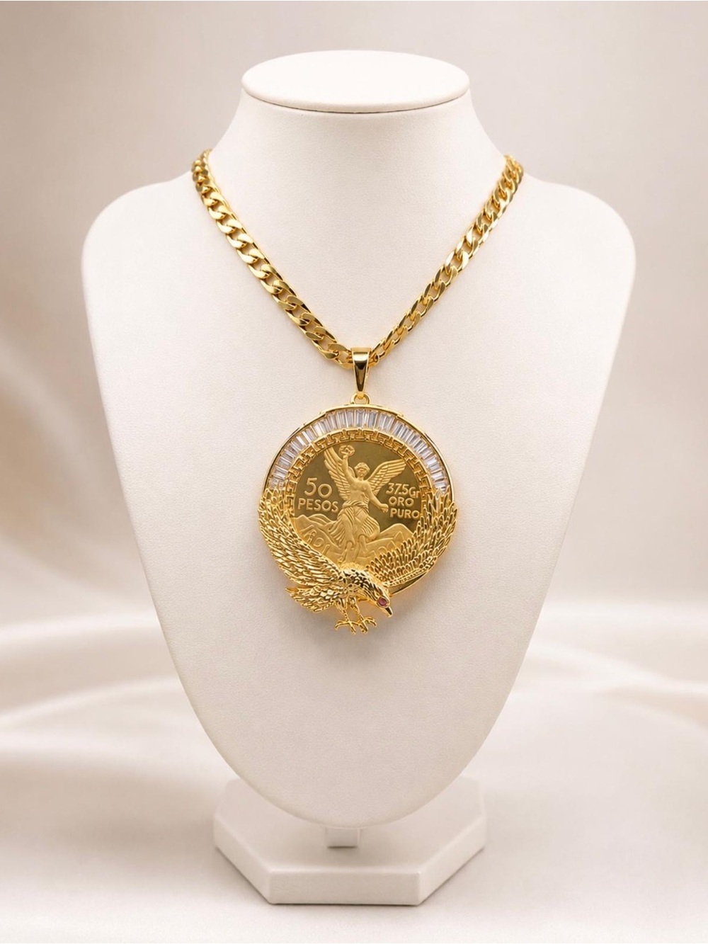 Eagle Coin Pendant + Necklace - 50 Pesos Style 14K Gold Plated - Brand New!